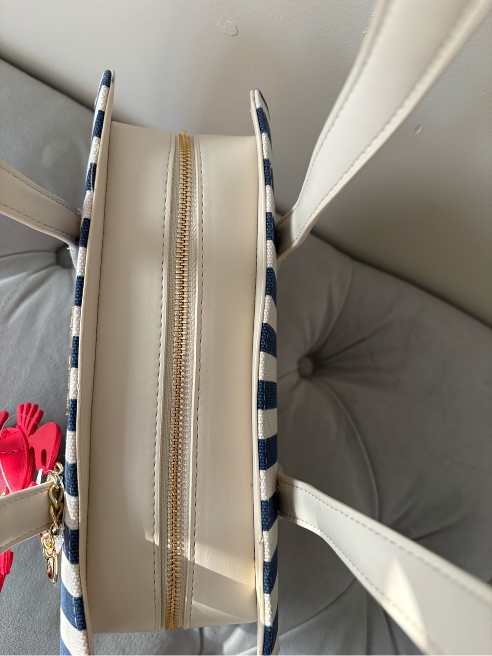 Betsey Johnson Navy & Cream Striped Shoulder Bag with Red Lobster Charm - Picture 4 of 13